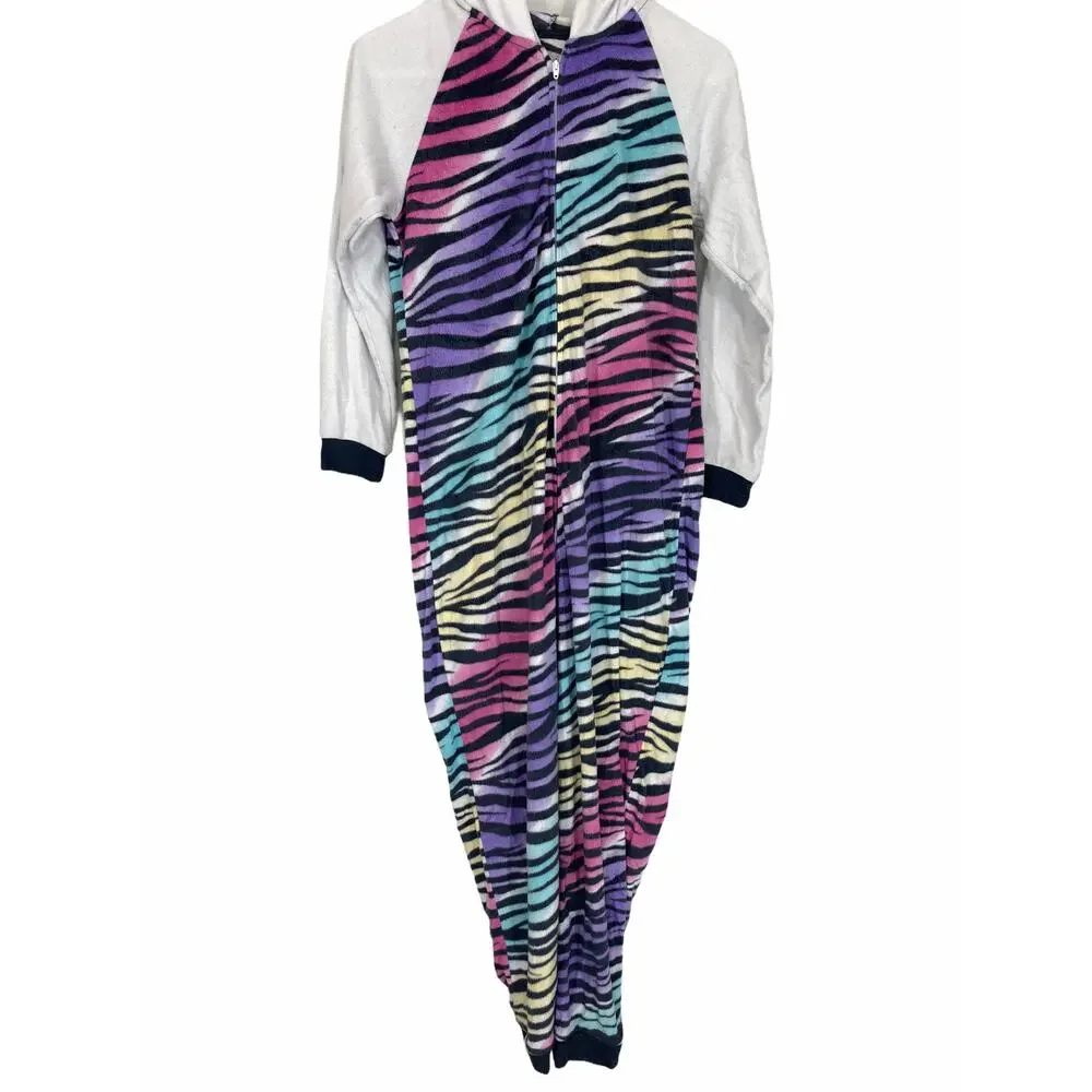 Wonder Nation One Piece Girl's Flannel Rainbow Zebra Print Pajamas XL 14-16